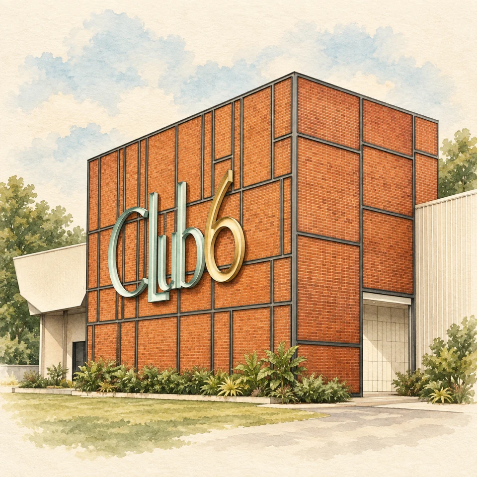 Watercolor illustration of Club Six Auditorium's terracotta brick exterior