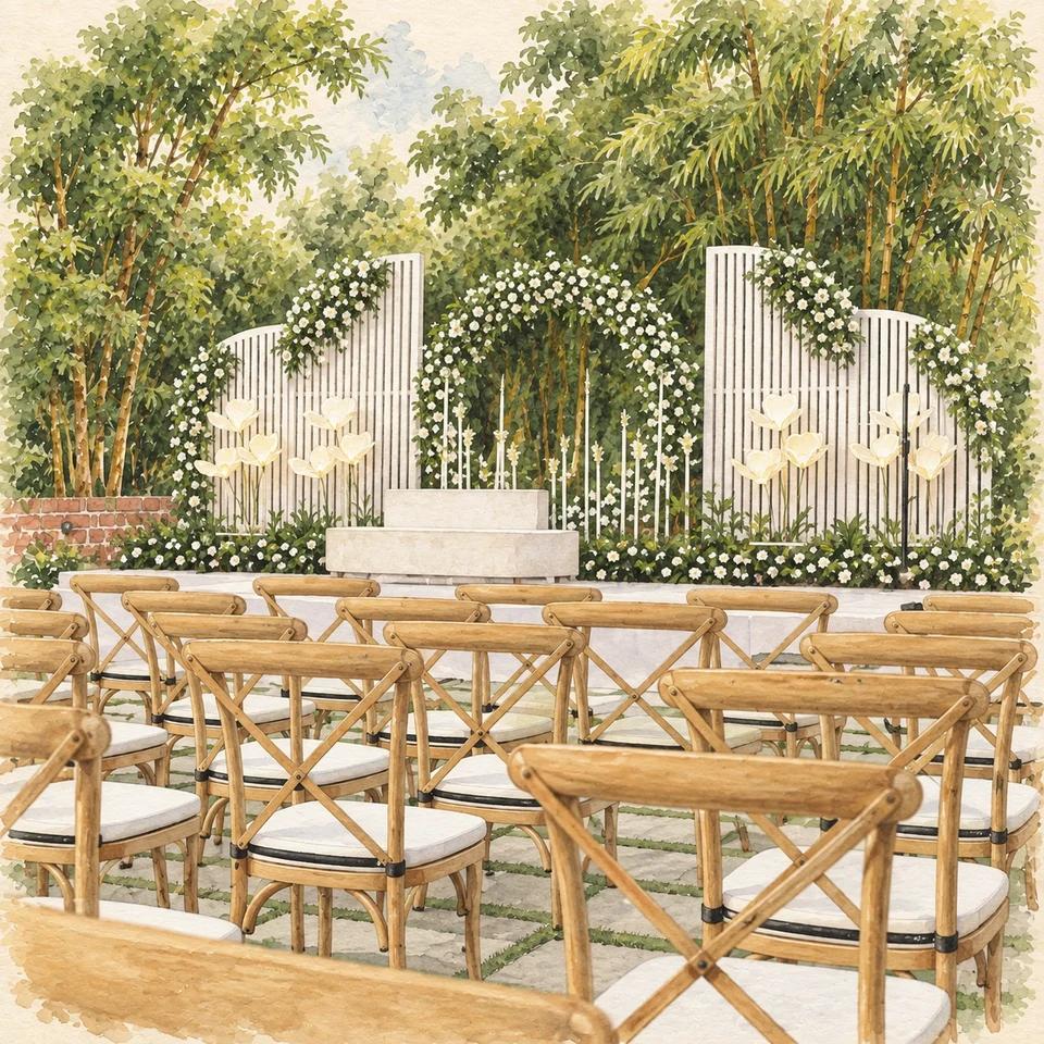 Watercolor illustration of the Sangeet venue's white floral stage and wooden guest chairs